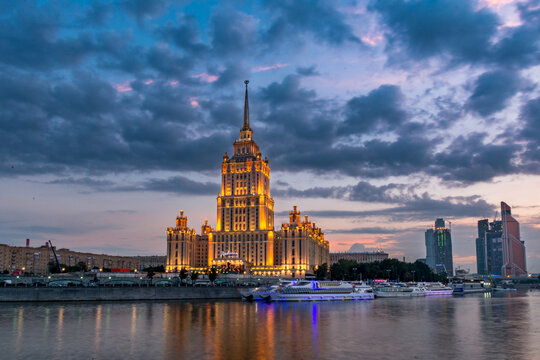 Blue Hour at Hotel Ukraine Radisson, Moscow River Embankment, Moscow, Russia