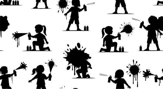 Silhouette children interacting with paint splatter germs art.