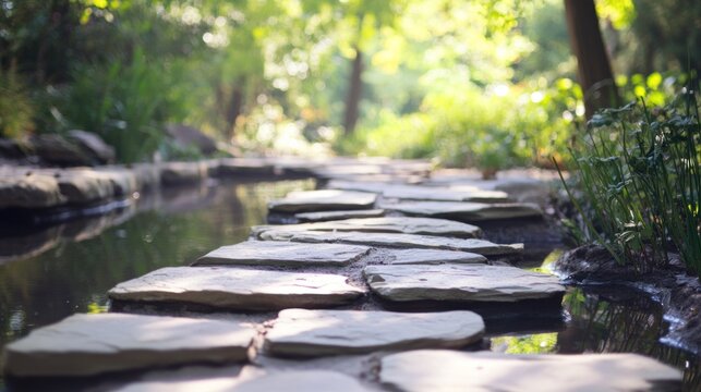 Stone path meanders through a tranquil garden stream.