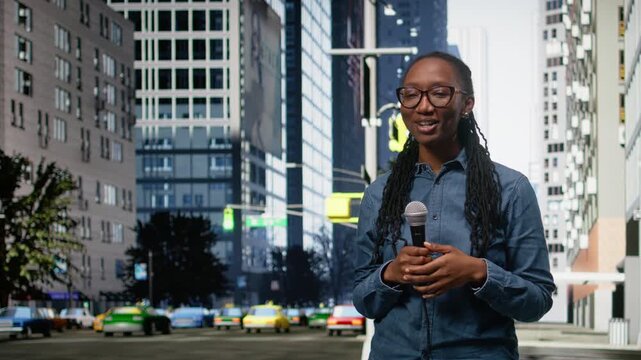Black street interviewer using mic to question pedestrians in city metropolitan area. Woman field journalist conducting public opinion poll in town square, working for local television station.