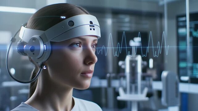 3d animated woman in futuristic cyberpunk helmet with neon lights