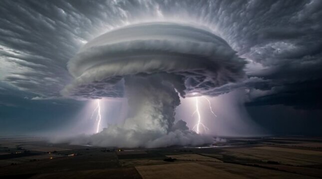 Massive supercell thunderstorm with anvil cloud and lightning strikes over rural landscape