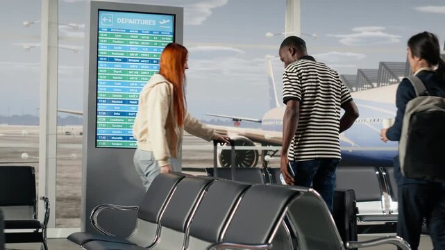 Going to boarding gate, departure board timetable and multiracial tourists in airport hub. Reading time on FIDS display, leaving for boarding call and diverse group of travelers