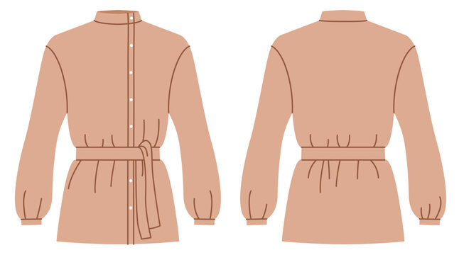 Beige cossack style blouse with high neckline, front button closure and long sleeves gathered cuffs and defined waist shaping with belt detail. Technical fashion illustration in flat color, front back