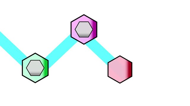 Connected colorful hexagon nodes appearing along a zigzag path. Ideal for business timelines, technology networks, flowchart infographics, and minimalist motion graphics.