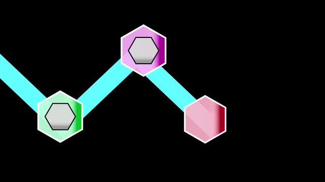 Animated colorful hexagon nodes connected by a zigzag path on a black background. Perfect for business timelines, progress infographics, and technology network concepts.