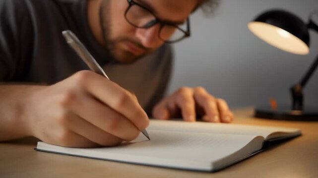 hand flipping through open book on wooden desk