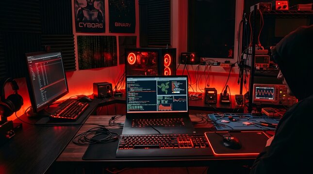 Hacker working on computer in dark room with red lighting, coding and cybersecurity concept
