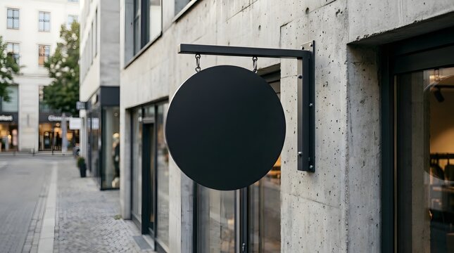 Black circular sign hanging from metal bracket on concrete building facade