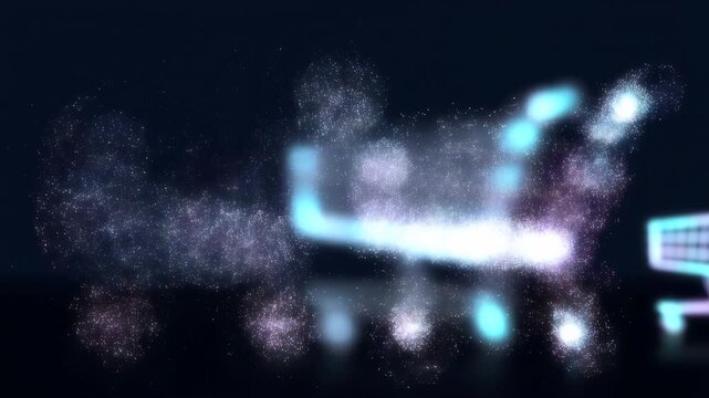 Futuristic neon shopping carts dissolving into digital particles
