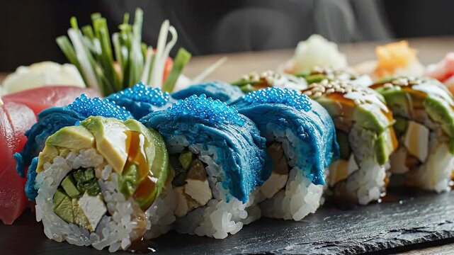 A painterly arrangement of delicious sushi rolls