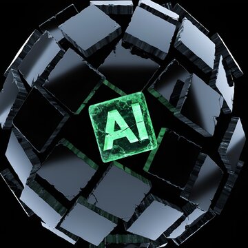 Glowing AI cube at the center of shattered glass sphere, artificial intelligence concept