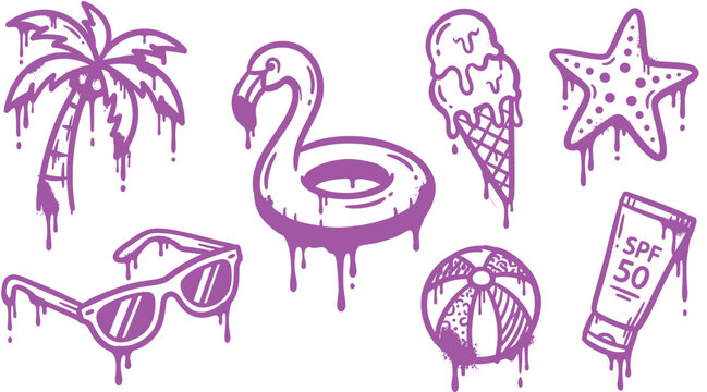 Dripping Melting Pink Neon Summer Vector Set with Graffiti Style Palm Tree Flamingo Float Ice Cream Starfish Sunglasses Beach Ball and Sunscreen Clipart