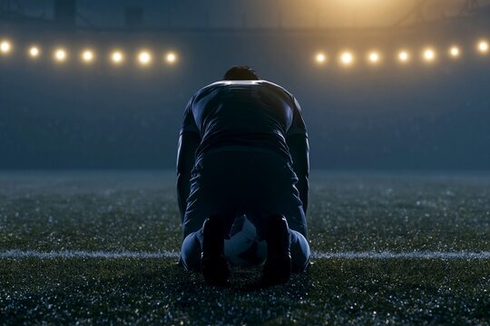 Dejected Footballer Kneeling Beside Ball Under Stadium Lights