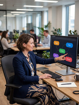 Businesswoman interacting with workflow automation software in office

