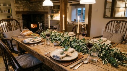 Fototapeta premium Rustic Dining Table Setting with Fireplace and Candles.