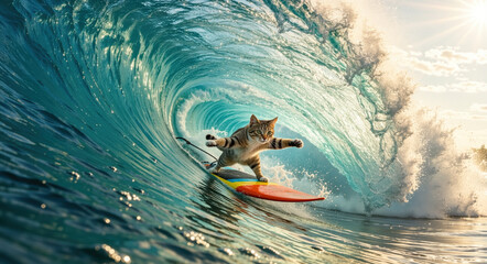 Obraz premium Funny cat surfing inside a large ocean wave barrel. Pet riding a surfboard on turquoise sea water. Extreme sports tube concept