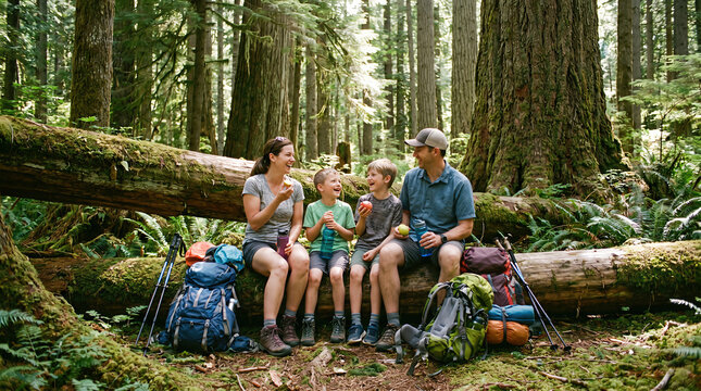 Happy family with kids taking a break during a hike in the forest. Mother, father and sons sitting on a mossy log with backpacks. Active outdoor lifestyle and adventure concept