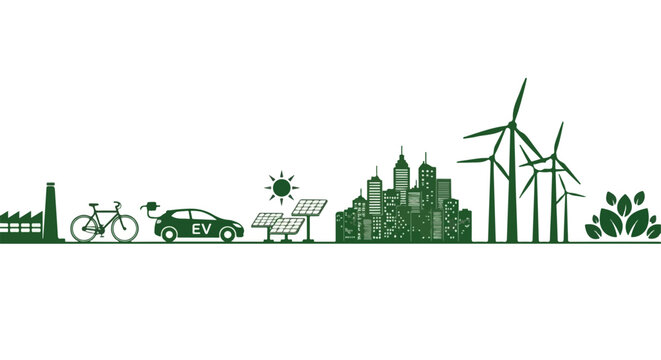 Green Energy City Concept. Sustainable Urban Development Illustration. Modern Silhouette. Web Banner.