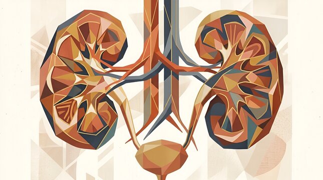 Abstract Geometric Kidney Anatomy Art with Blood Vessels and Bladder