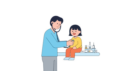 Fototapeta premium A male doctor in a blue scrub top uses a stethoscope to examine a smiling young girl sitting on an examination table.