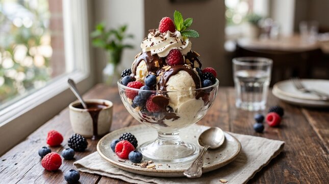 Vanilla ice cream sundae with chocolate sauce fresh berries whipped cream and mint served in glass dessert bowl by window