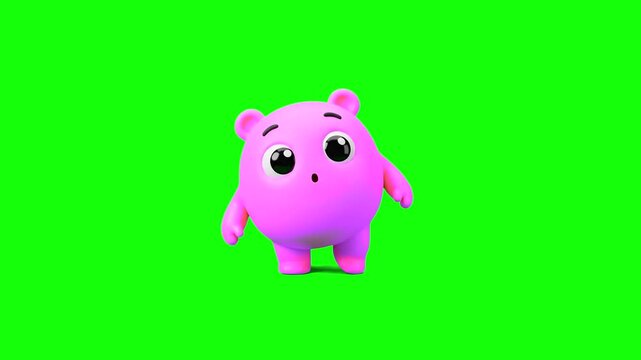 A lovely 3D animated pink cartoon bear-like creature performing a joyful dance on a solid green backdrop. Ideal for kids' educational content, funny social media memes, and custom creative video compo