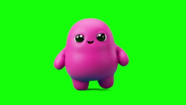 A vibrant 3D stylized pink jelly monster mascot with sweet glittering eyes and a happy grin, dancing or walking in place on a chroma key green screen. Perfect for colorful pop-culture animations, baby