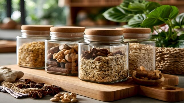 Four square glass jars with cork lids filled with various grains and nuts displayed beautifully on a wooden board in a modern kitchen setting.
