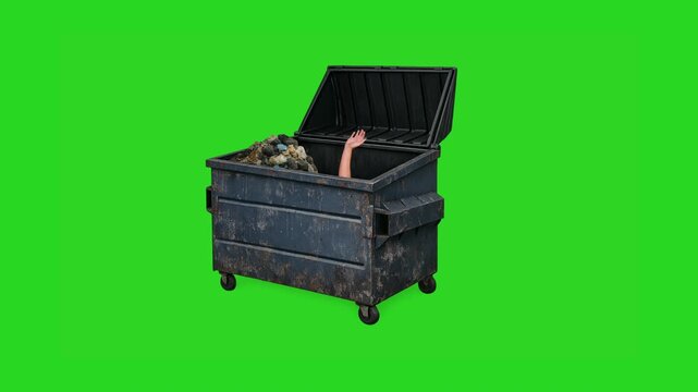 Hand waving from inside a dumpster green screen