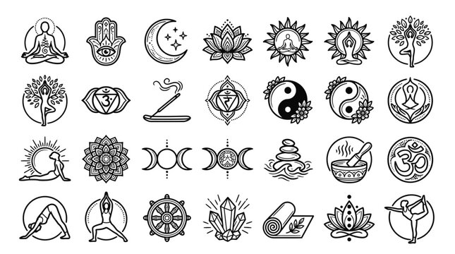 Esoteric Symbols Collection: Yoga, Spirituality, Meditation, Chakras, Om, Lotus, Yin Yang
