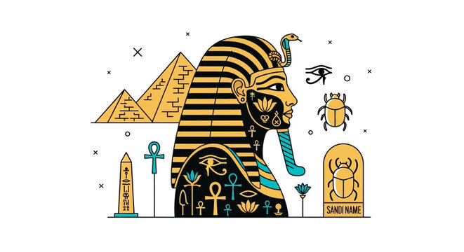 Ancient Egyptian Pharaoh Portrait with Hieroglyphs and Symbols