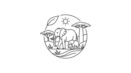 African Elephant Family Safari Landscape Line Art Illustration © alfan fikri