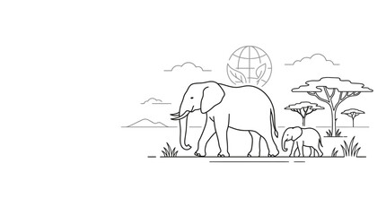African Elephant Family Safari Landscape Line Art Icon © alfan fikri