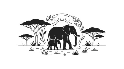 African Elephant Family Silhouette in Savannah Landscape © alfan fikri