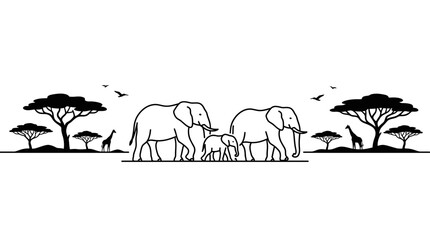 African Elephant Family Silhouette Walking in Savannah with Giraffes and Acacia Trees © alfan fikri