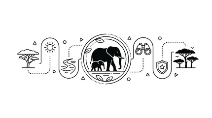 African Elephant Family Silhouette in Circle with Safari Icons © alfan fikri