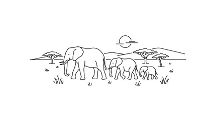 African Elephant Family Walking in Savannah Landscape - Minimalist Line Art © alfan fikri