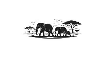 African Elephant Family Silhouette Walking Safari Landscape © alfan fikri