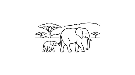 African Elephant Family Walking in Savannah Landscape © alfan fikri