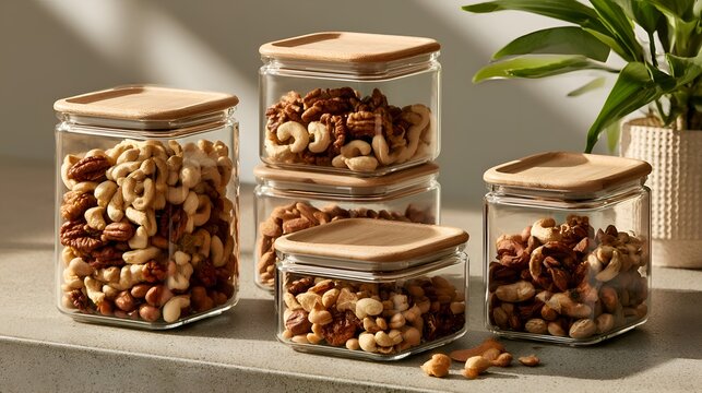 Various mixed nuts are displayed inside clear glass containers with square wooden lids, arranged on a kitchen counter, indoors and sunny.
