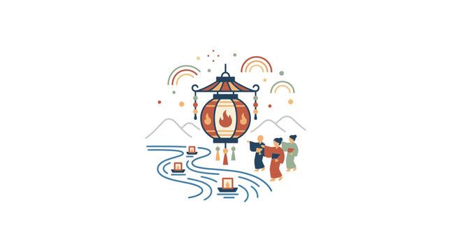 Asian Lantern Festival on River with People and Mountains
