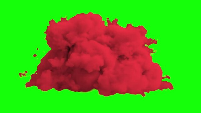 A realistic 3D volumetric simulation of a dense red smoke cloud swirling or exploding against a solid green screen backdrop. Perfect for dynamic transition effects, stylized combat explosions, and col