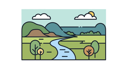 Obraz premium a cartoon landscape with a river and mountains.