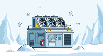 Industrial refrigeration unit in icy landscape. Cooling system, climate control. Vector illustration. © khafid