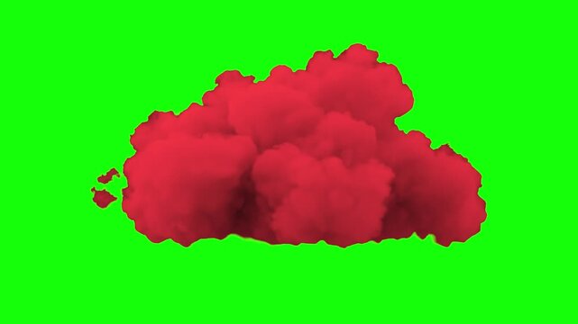 A realistic 3D volumetric simulation of a dense red smoke cloud swirling or exploding against a solid green screen backdrop. Perfect for dynamic transition effects, stylized combat explosions, and col