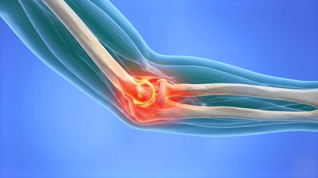 A 3D medical scan rendering of a human elbow joint featuring a bright red circular glow pinpointing localized inflammation, muscle strain, or joint damage against a blue gradient backdrop. Excellent a