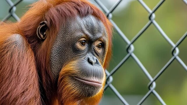 A close-up portrait of an orangutan behind a chain-link fence, looking curiously at the camera.