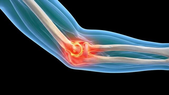 A detailed 3D medical graphic illustration of a human arm showing a translucent skeletal elbow joint highlighted with a glowing red inflammation spot indicating arthritis, injury, or chronic pain agai