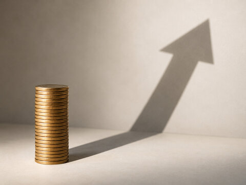 Coin Stack Casting Upward Arrow Shadow Symbolizing Financial Growth